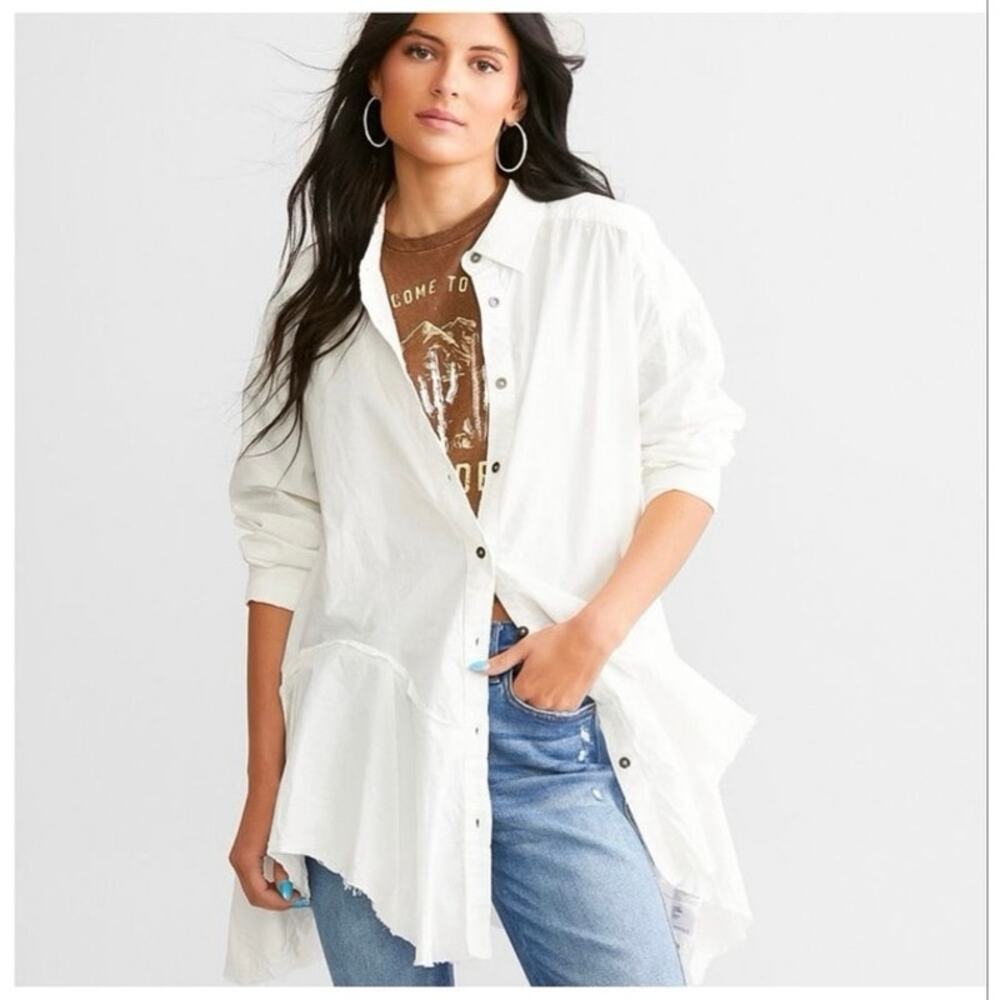 We The Free Freya Cotton Poplin Tunic Top Boho White Button Front XS Oversized